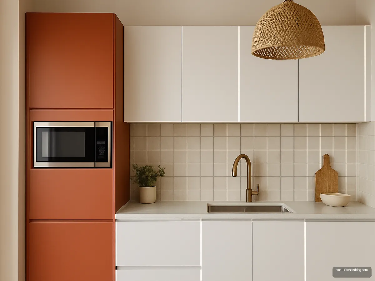 White small kitchen with one terracotta tall unit holding a microwave