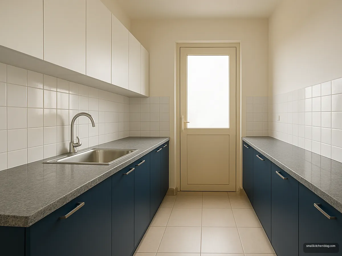 Navy blue budget galley kitchen with white upper cabinets