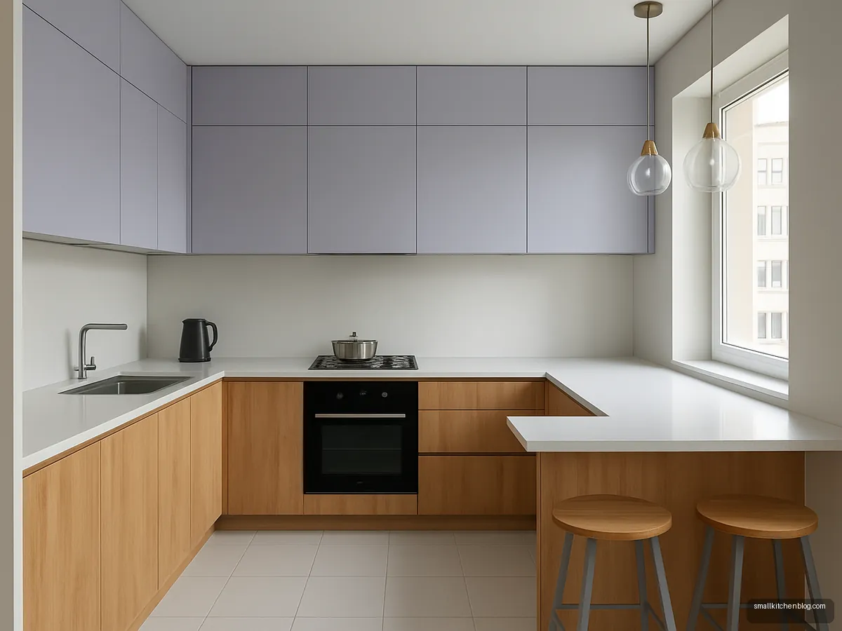 Lavender upper and oak lower cabinets in a compact L kitchen