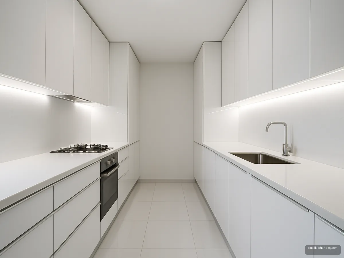 White high-gloss galley kitchen with LED strip lights