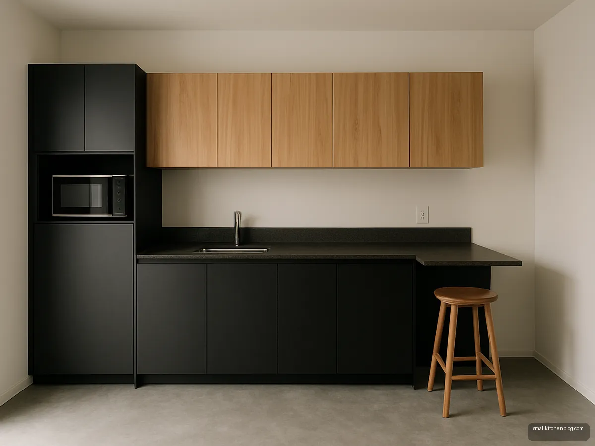 Black and wood one-wall kitchen with a microwave niche