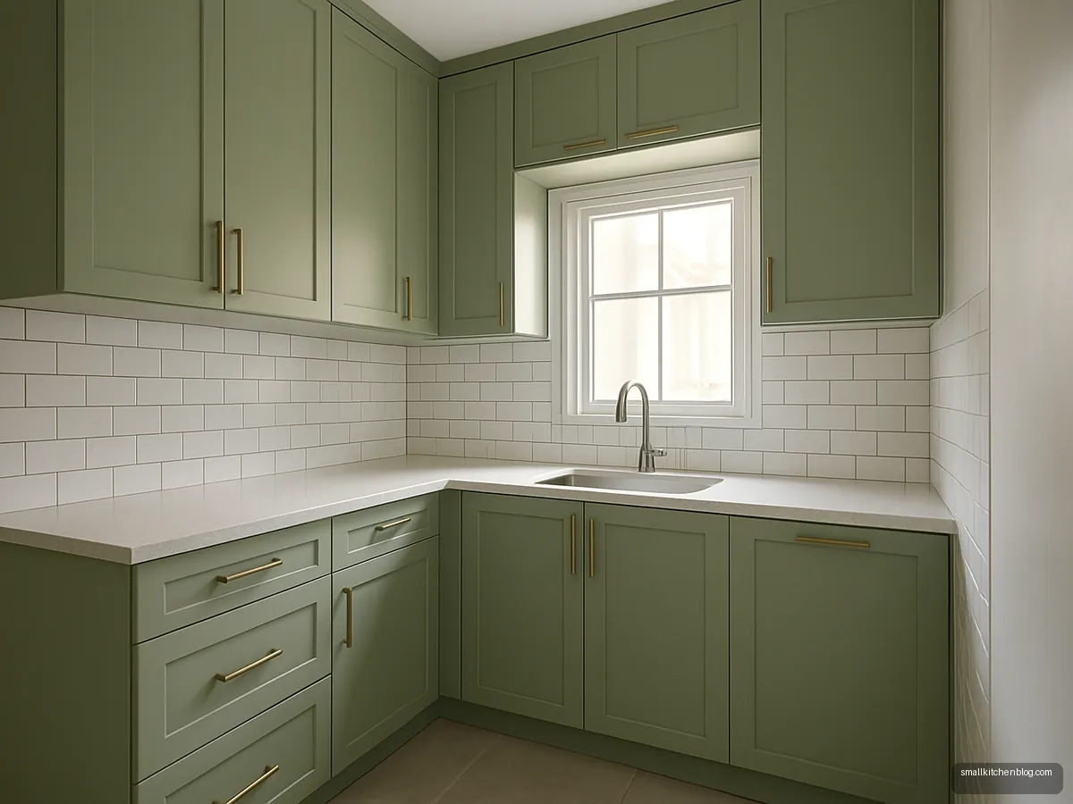 Sage green L kitchen with loft cabinets above the upper units