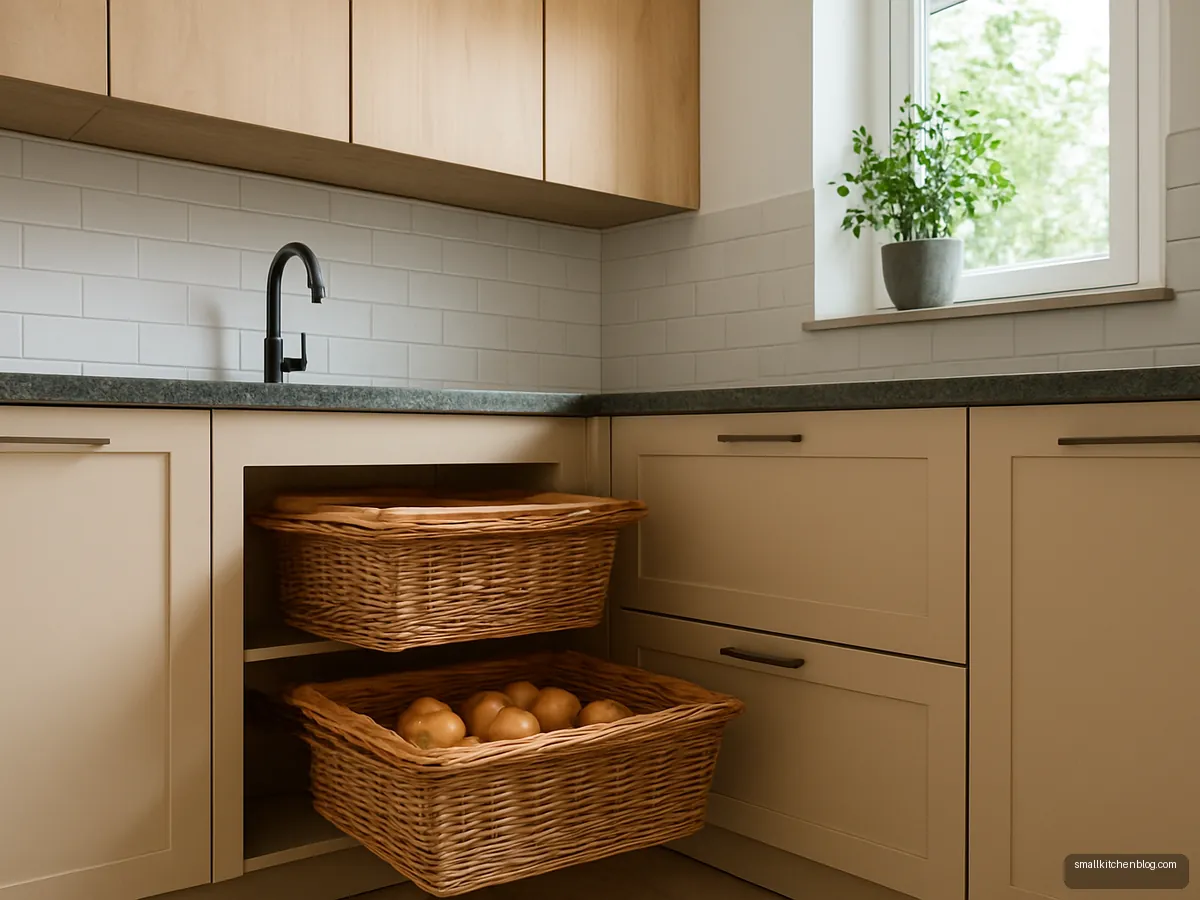 Beige base units with open wicker baskets for onions and potatoes