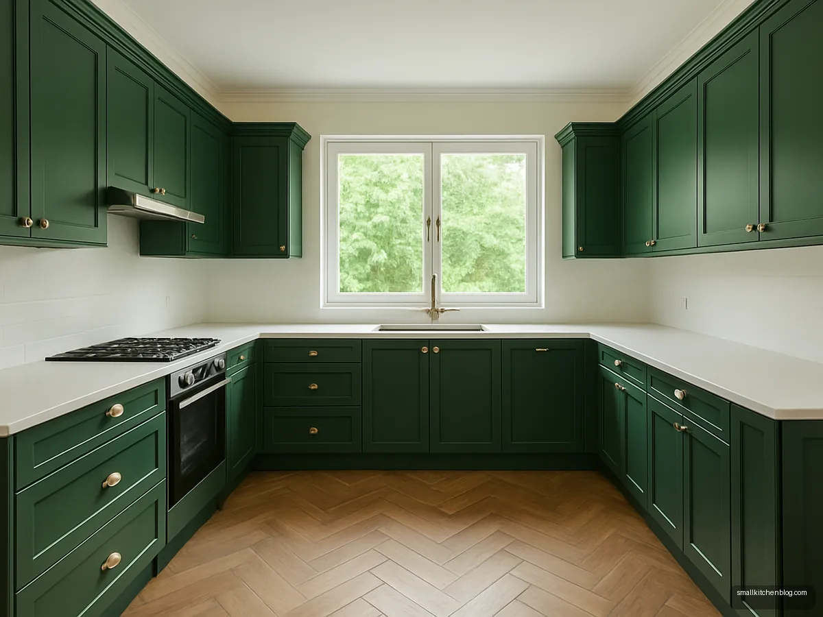 Forest green U-shaped kitchen with brass pulls and a window over the sink