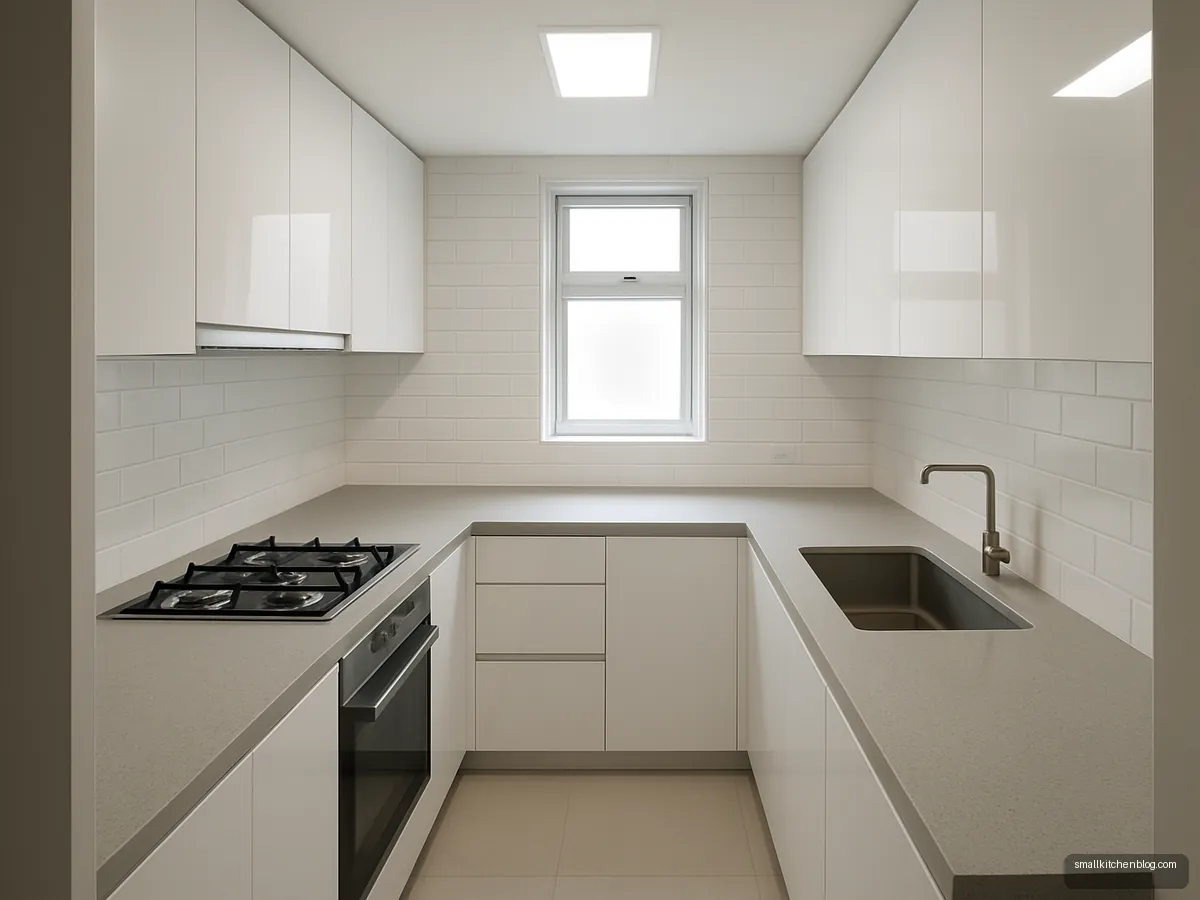 Compact white U-shaped kitchen in an apartment seen from the doorway