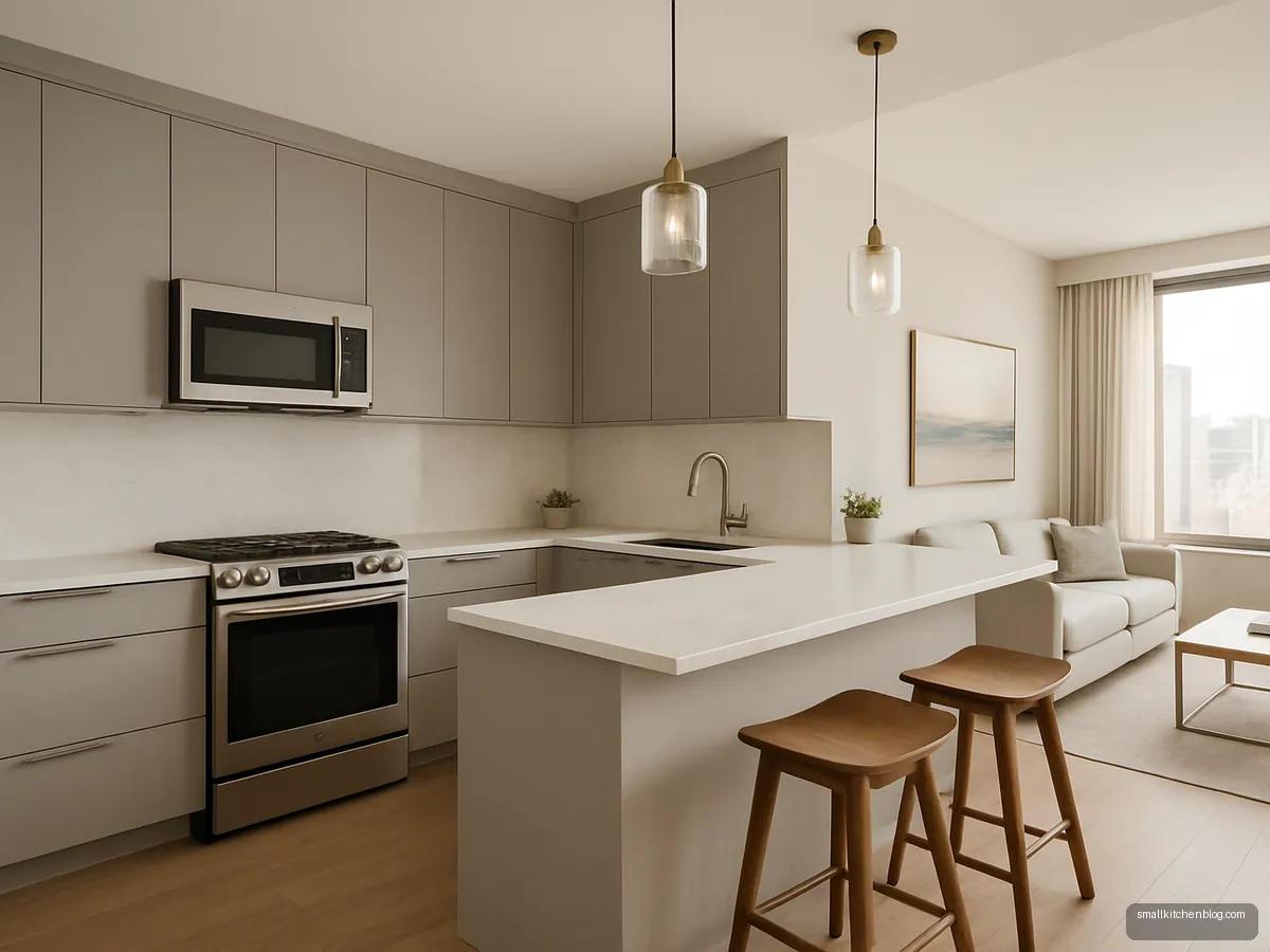 U-shaped kitchen with a peninsula breakfast counter and two bar stools