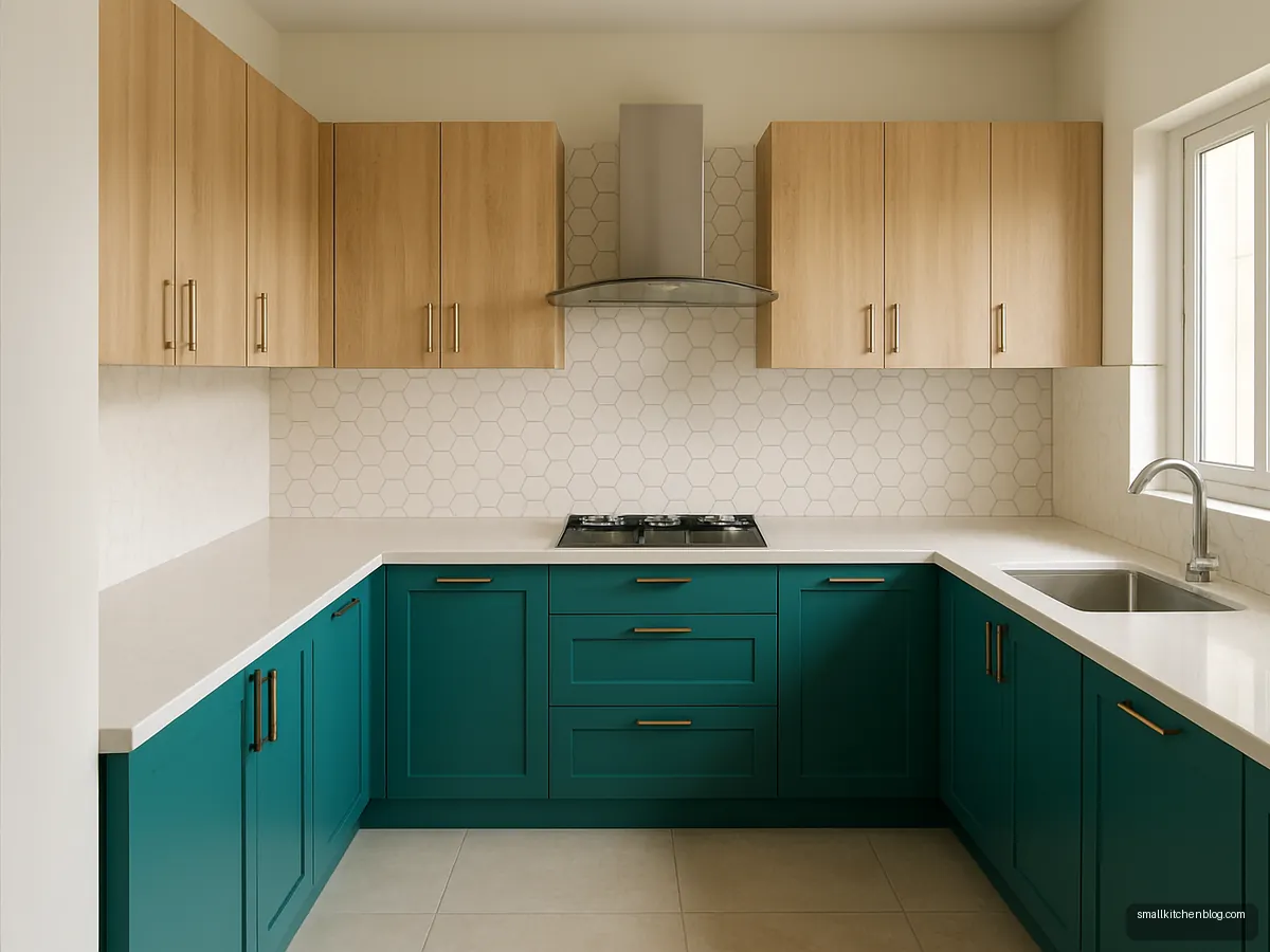 U kitchen with teal base cabinets and light oak upper cabinets