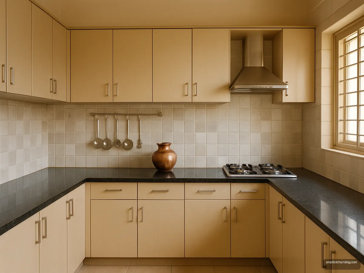 Beige U-shaped kitchen with black granite on three walls and steel utensils