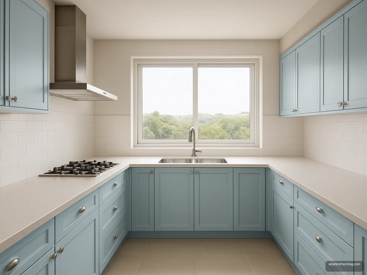 Pale blue U kitchen with sink under a wide window between two arms