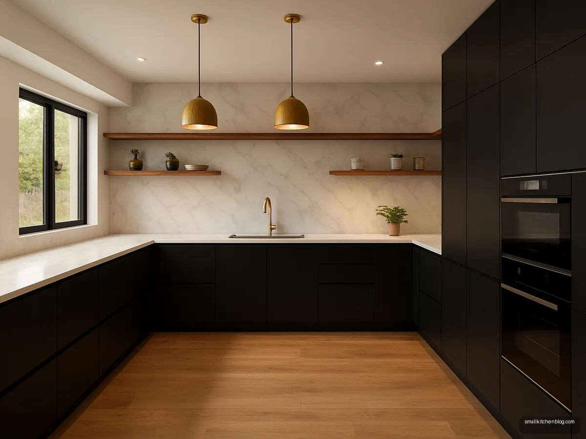 Luxury matte black U-shaped kitchen with white veined stone and walnut shelves