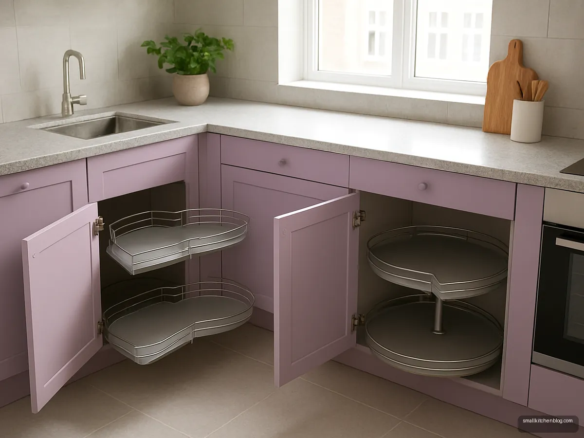 Small lilac U kitchen with corner pull-out units open