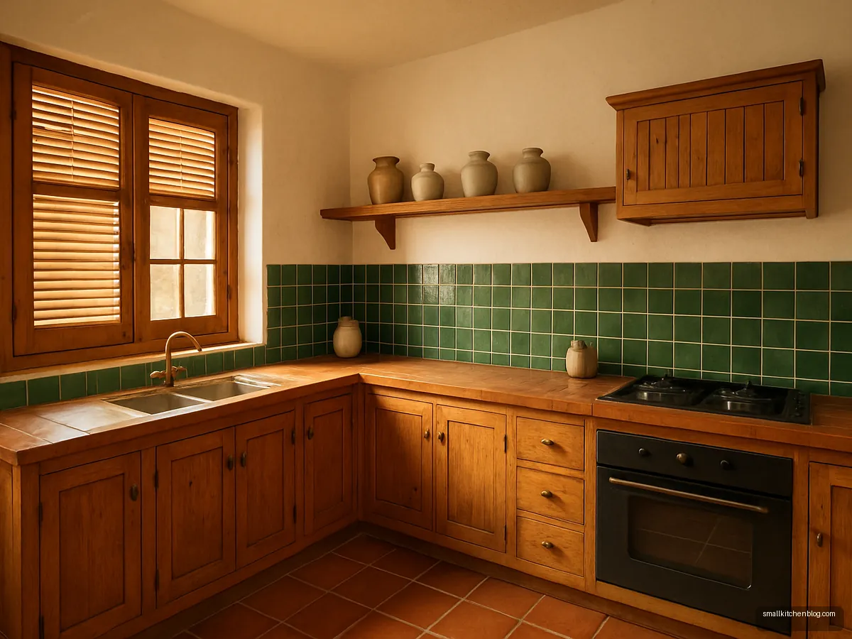 Rustic U kitchen with honey wood shutters and terracotta floor