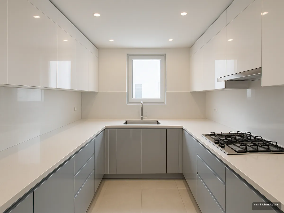 Light grey and white gloss U-shaped kitchen with recessed lights