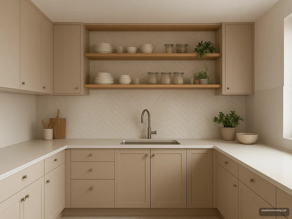 U kitchen with open oak shelves on the back wall and beige cabinets