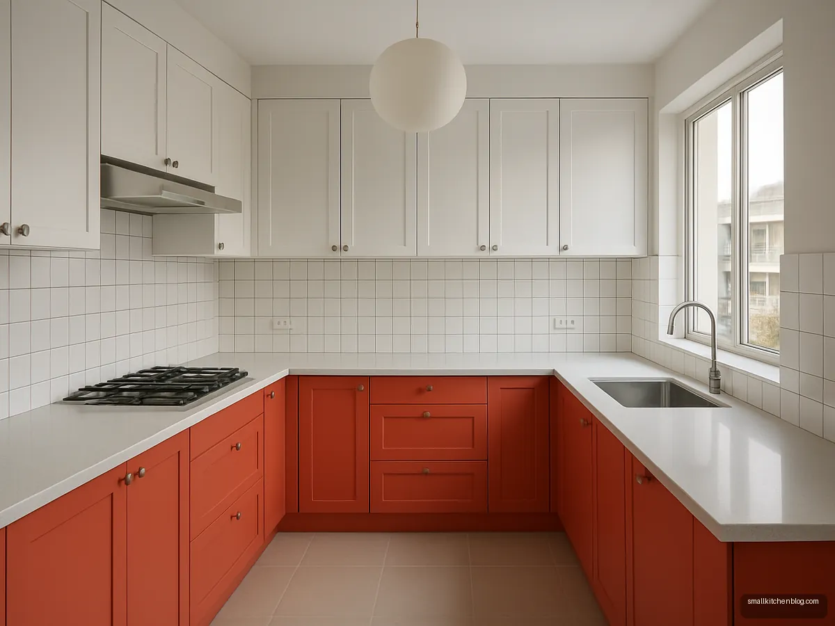 White U kitchen with one arm of coral red cabinets