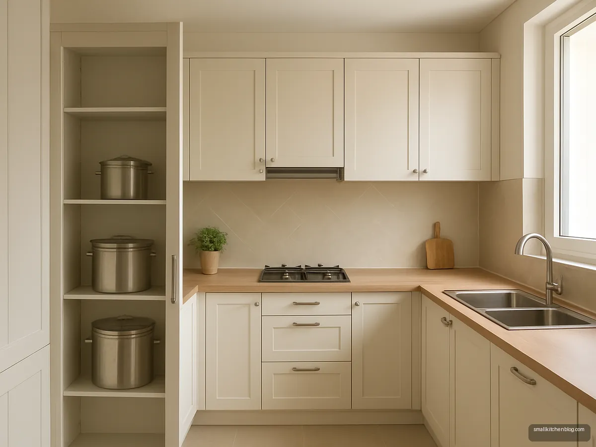 U kitchen with an open tall pantry unit holding steel grain containers
