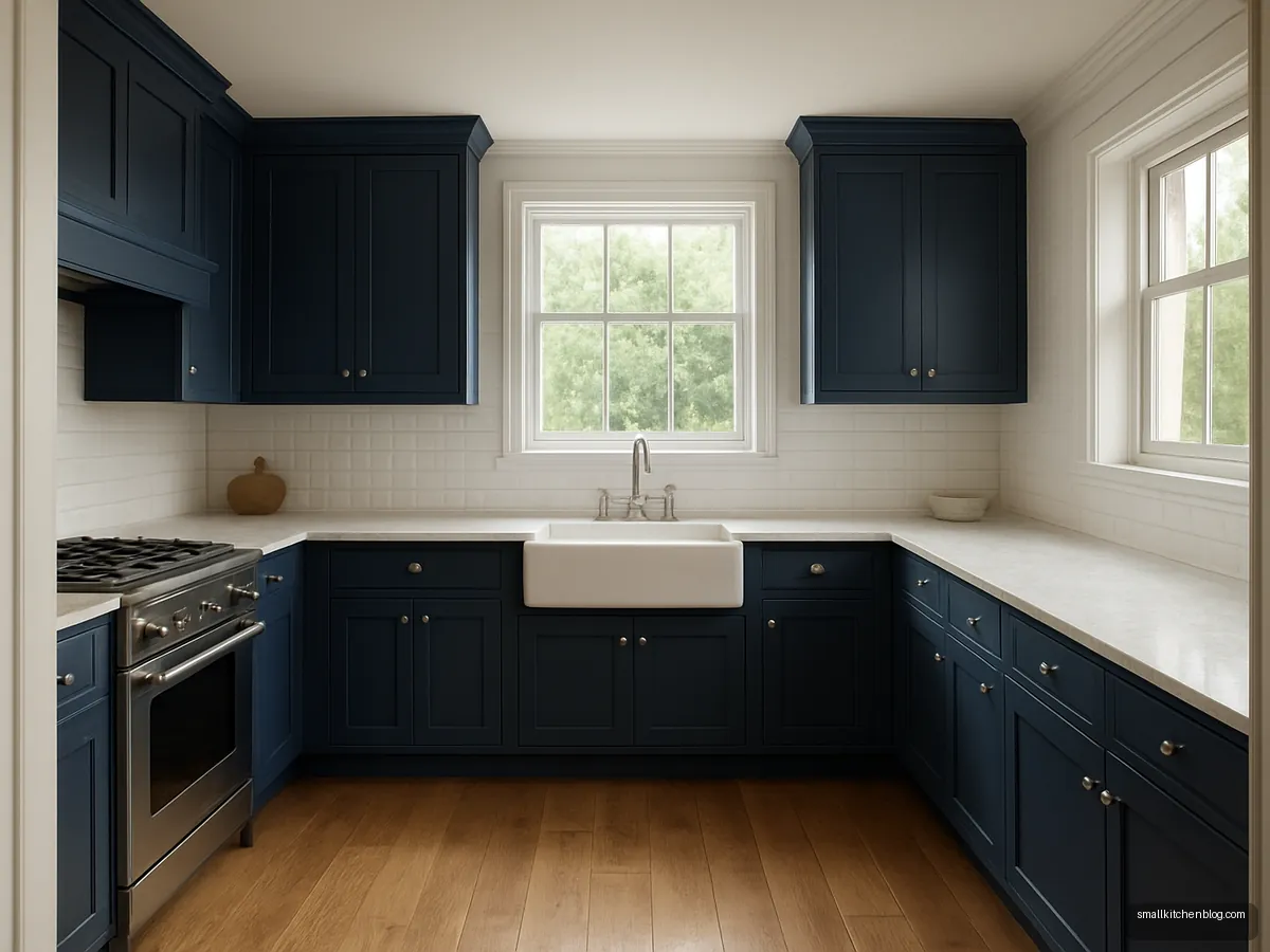 Classic navy shaker U kitchen with white marble counters