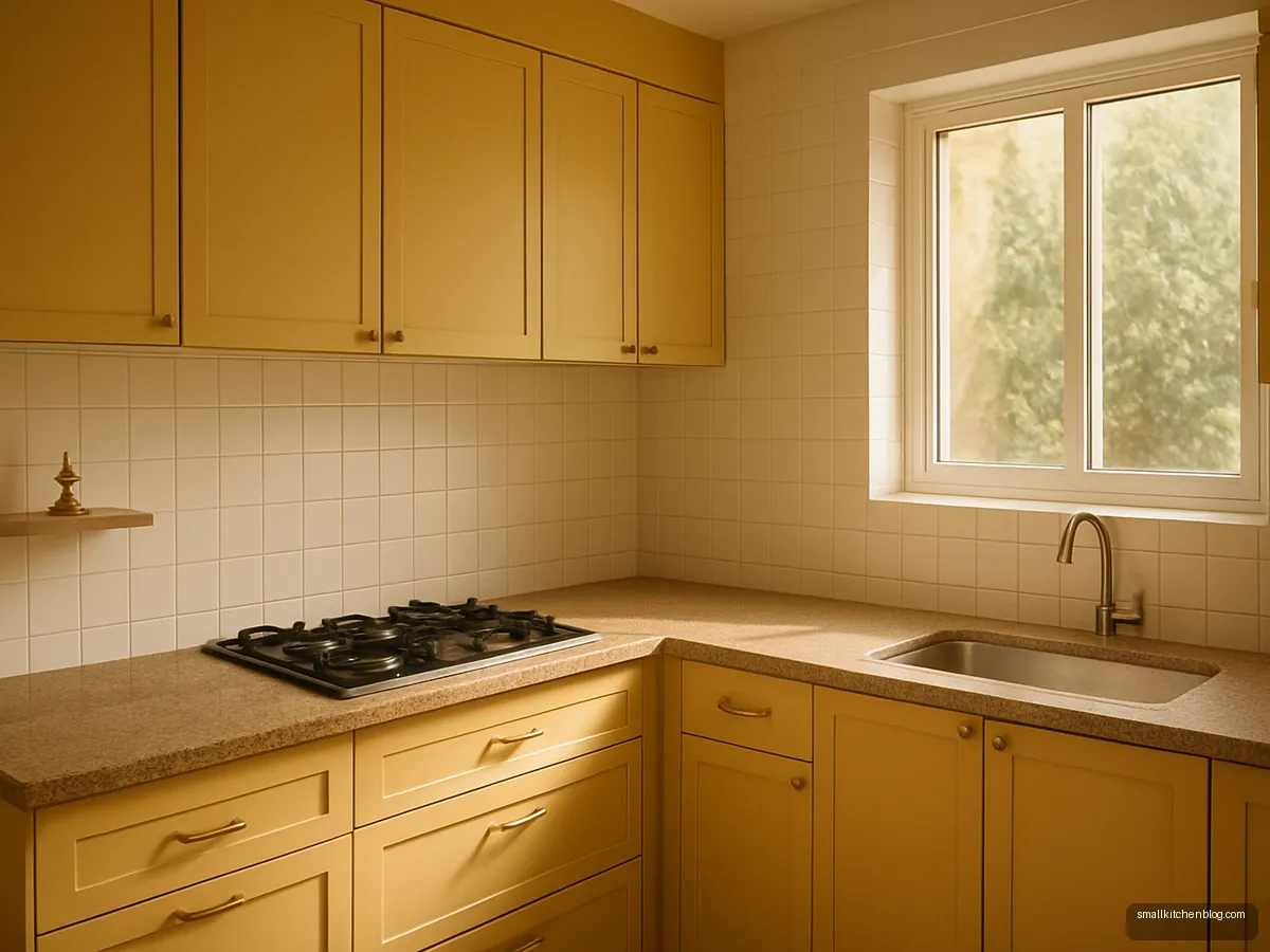 Warm yellow L-shaped kitchen with the hob in a sunny corner