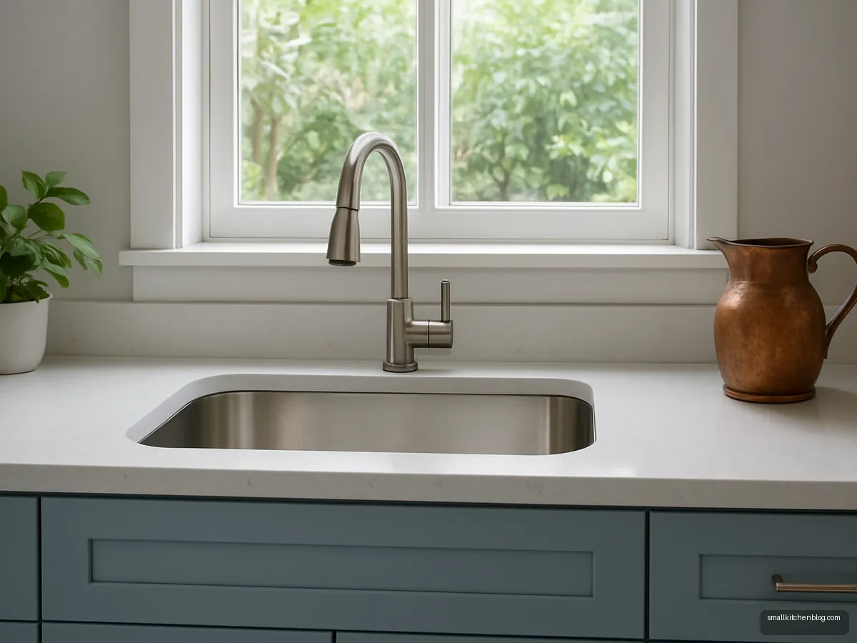 Steel sink under a window with sky blue cabinets