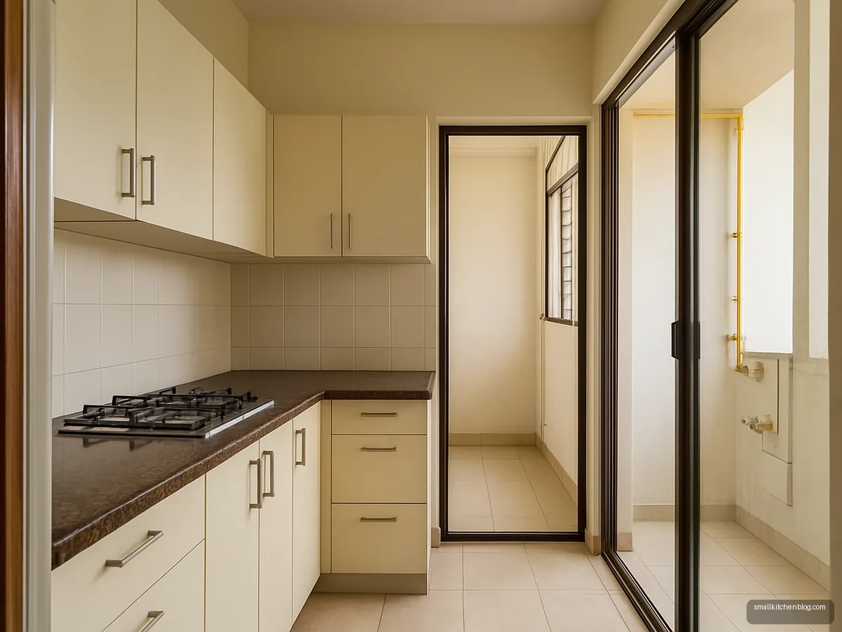 Kitchen with gas line to a ventilated utility balcony